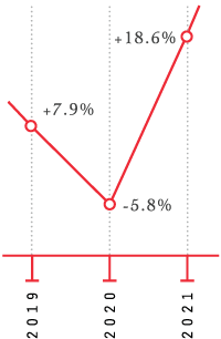 2019 +7.9%, 2020 minus 5.8%, 2021 +18.6%