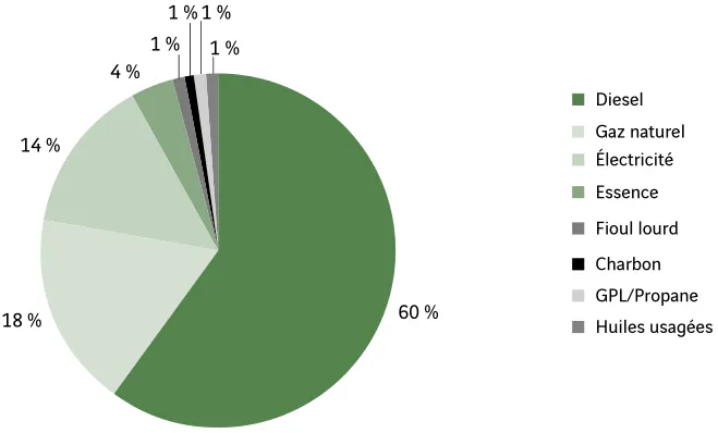 Consommation totale d'&eacute;nergie (MWh) Gasoil : 60% Gaz naturel : 18% Electricit&eacute; : 14% Essence : 4% Fioul lourd : 1% Charbon : 1% GPL/Propane : 1% Huiles usag&eacute;es : 1%