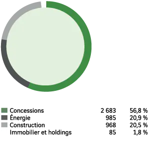 Concessions - 2 683, 56,8 %. &Eacute;nergie - 985, 20,9 %. Construction - 968, 20,5 %. Immobilier et holdings - 85, 1,8 %.