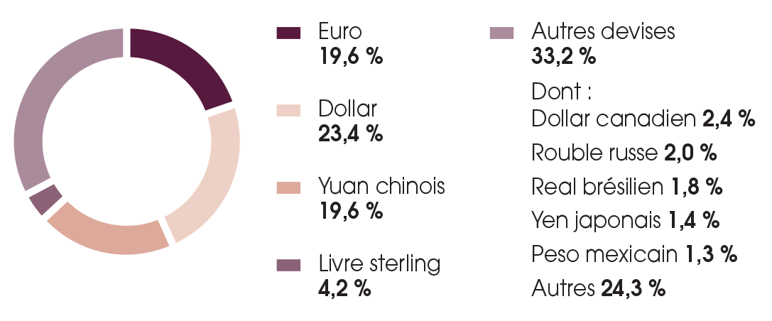 Ce schéma nous montre la répartition du chiffre d’affaires par devise   Euro : 19,6 % Dollar : 23,4 % Yuan chinois : 19,6 % Livre sterling : 4,2 % Autres devises : 33,2 % dont  Dollar canadien : 2,4 % Rouble russe : 2,0 % Real brésilien : 1,8 % Yen japonais : 1,4 % Peso mexicain : 1,3 % Autres : 24,3 %