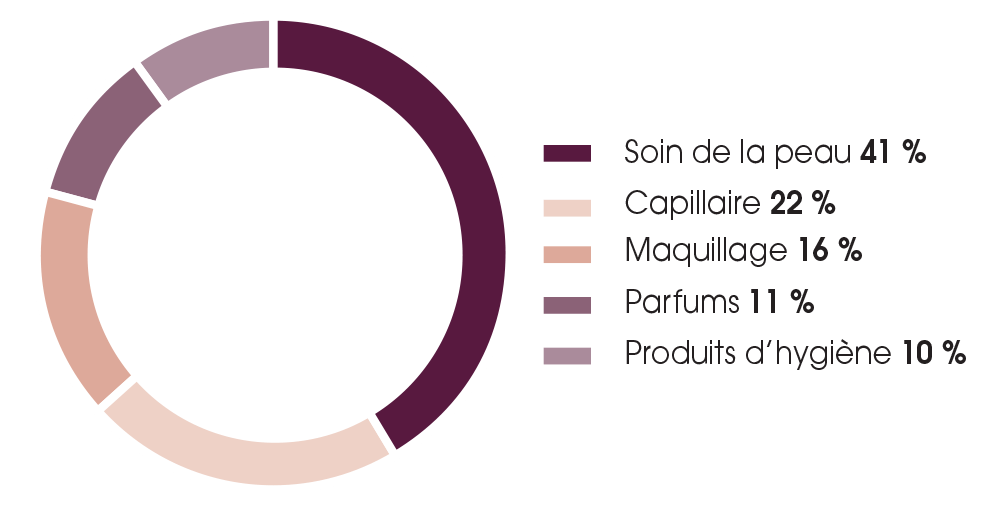 Ce schéma nous montre le marché cosmétique mondiale en 2021  Soin de la peau : 41 % Capillaire : 22 % Maquillage : 16 % Parfums : 11 % Produits d’hygiène : 10 %