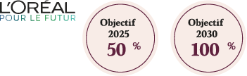 L'ORÉAL POUR LE FUTUR : Objectif 2025  50%,  Objectif 2030  100%