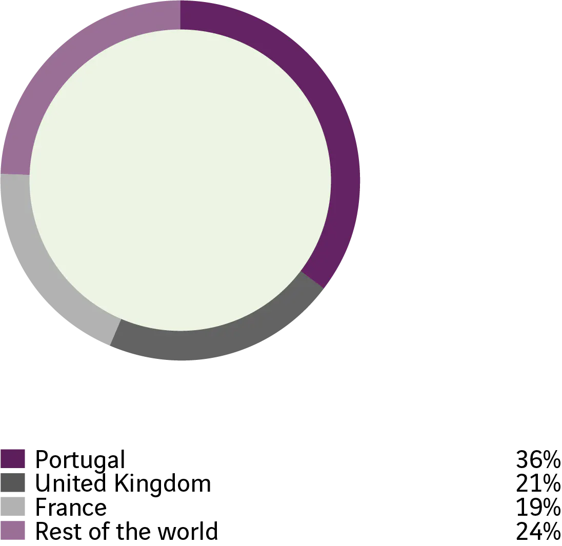 Portugal : 36 %. Royaume-Uni : 21 %. France : 19 %. Reste du monde : 24 %.