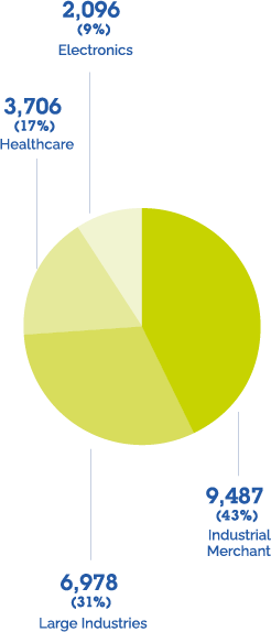 Electronics:2,096(9%),Healthcare:3,706(17%),Large Industries:6,978(31%),Industrial Merchant:9,487(43%)