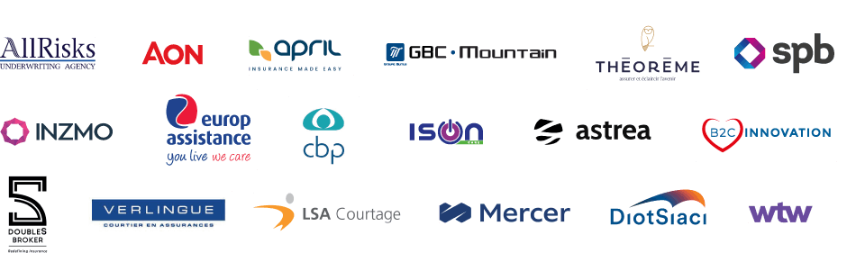 Logos : All Risks Underwriting Agency, Aon, APRIL Insurance made easy, GBC Mountain, Theoreme, Spb, Inzmo, Europ Assistance, Cbp, ISON Care, Astrea, B2C Innovation, Double S Broker, Verlingue, LSA Courtage, Mercer, Diot-Siaci, Wtw.