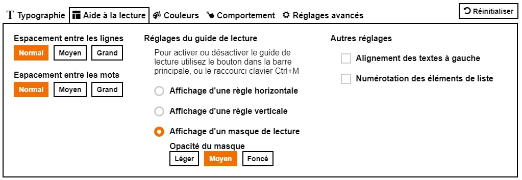 Cette image nous montre les réglages du guide de lecture de l’onglet ‘Aide à la lecture’ du site Orange concernant la préhension.