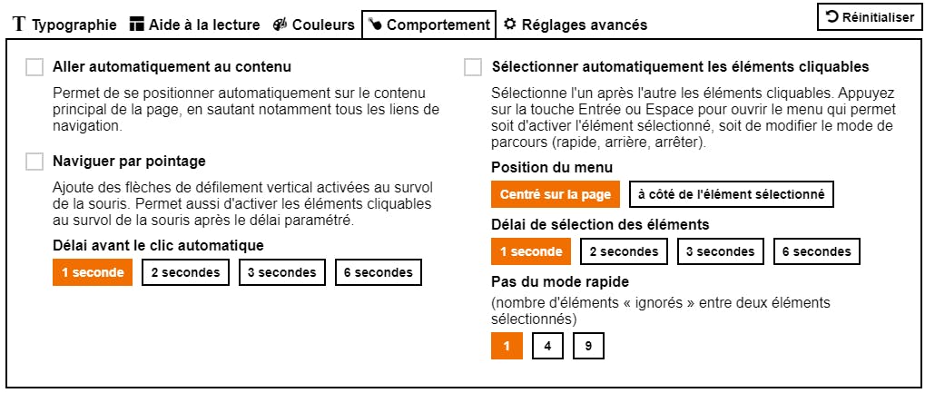 Cette image nous montre les réglages du guide de lecture de l’onglet ‘Comportement’ du site Orange concernant la préhension.