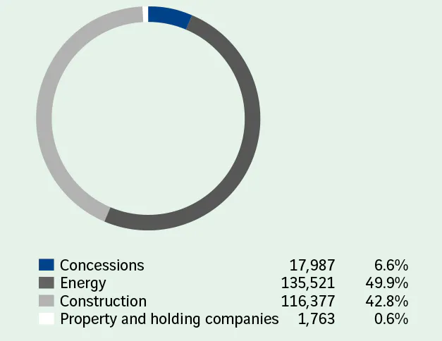  Concessions 17,987 6.6%  Energy 135,521 49.9%  Construction 116,377 42.8%  Property and holding companies 1,763 0.6%