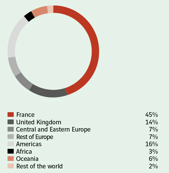  France 45%  United Kingdom 14%  Central and Eastern Europe 7%  Rest of Europe 7%  Americas 16%  Africa 3%  Oceania 6%  Rest of the world 2%