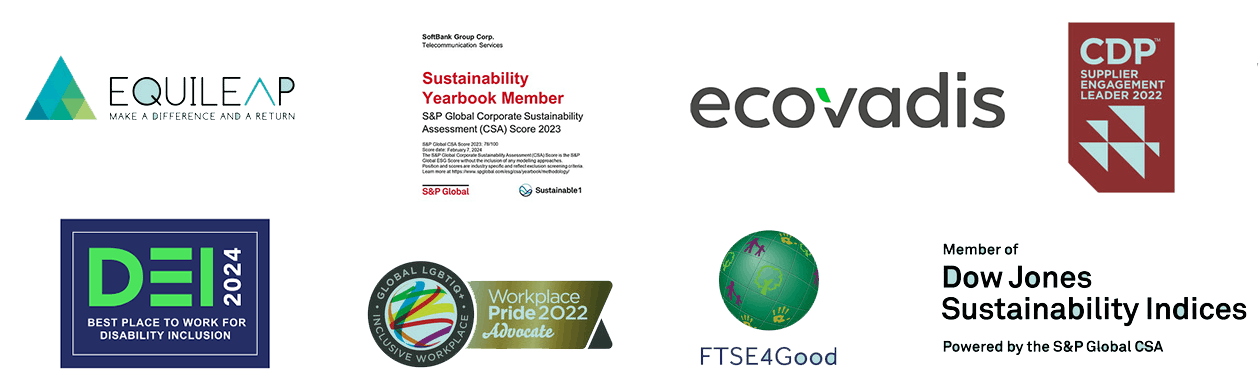 Logos: EQUILEAP, Sustanability Yearbook Member, ecovadis, CDP, DEI2024, Workplace Pride 2024, FTSE4Good, Dow Jones Sustainability indices