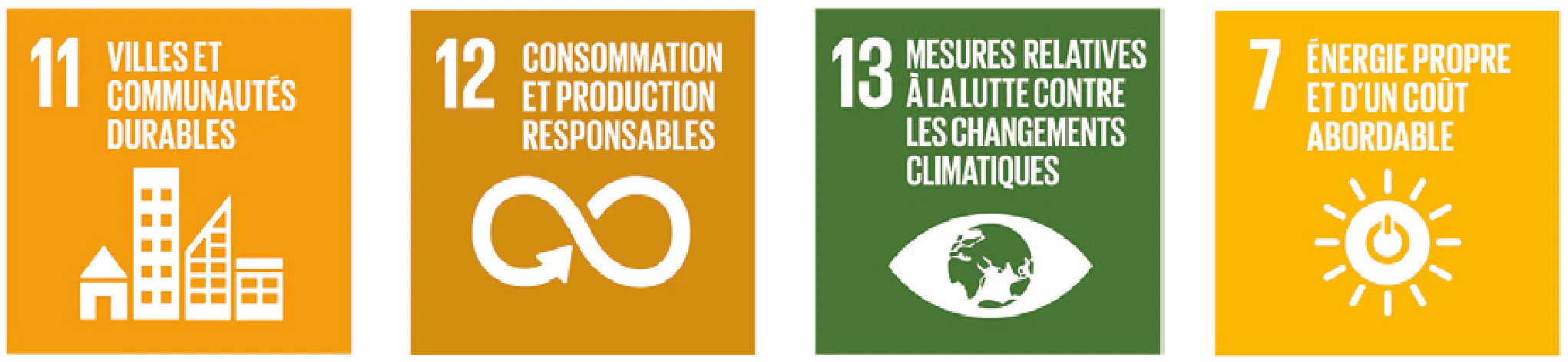 11 - Villes et communaut&eacute;s durable. 12 - Consommation et production responsables. 13 - Lutte contre les changements climatiques. 7 - &Eacute;nergie propre et d'un co&ucirc;t abordable.