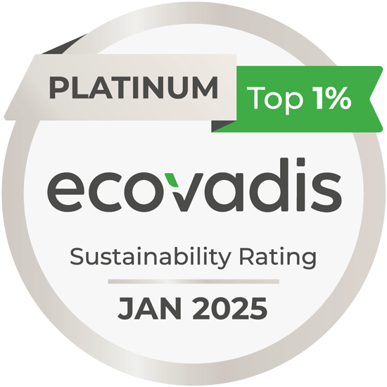 Logo ecovadis, Platinum top 1%, sustainability Rating, Jan 2025.