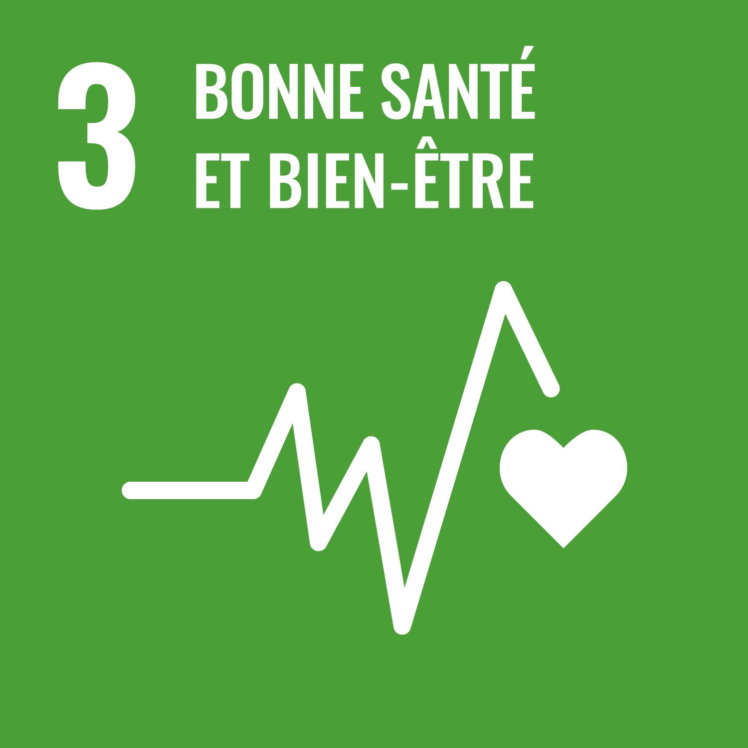 Ic&ocirc;ne ODD 3, fond vert, avec un trac&eacute; cardiographique, un c&oelig;ur, et le texte &laquo; 3 &ndash; Bonne sant&eacute; et bien-&ecirc;tre &raquo;.