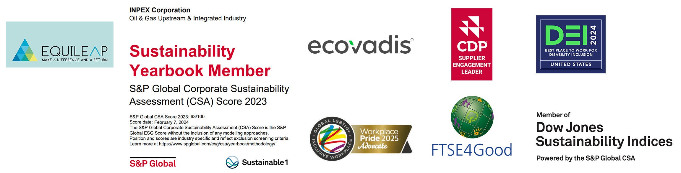 Image montrant une composition de certificats et logos de durabilit&eacute; : &agrave; gauche le logo Equileap; en haut centre le texte principal rouge &laquo; Sustainability Yearbook Member &raquo; suivi de &laquo; S&P Global Corporate Sustainability Assessment (CSA) Score 2023 &raquo; et, en petit, &laquo; S&P Global CSA Score 2023 : 63/100 &mdash; Score date : February 7, 2024 &raquo; ; &agrave; droite le logo Ecovadis, le badge CDP &laquo; Supplier Engagement Leader &raquo;, et un cadre DEI 2024 indiquant &laquo; Best Place to Work for Disability Inclusion &mdash; United States &raquo;. En bas figurent les logos Sustainable1, un badge Workplace Pride / Global LGBTIQ+ Inclusive Workplace (Workplace Pride 2025 Advocate), le logo FTSE4Good, et l&rsquo;indication &laquo; Member of Dow Jones Sustainability Indices &mdash; Powered by the S&P Global CSA &raquo;. En haut gauche, mention de &laquo; INPEX Corporation &mdash; Oil & Gas Upstream & Integrated Industry &raquo;.