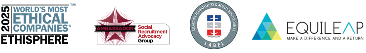 Logo World's Most ETHICAL companies, 2025, Ethisphere - Logo Social Recruitment Advocacy Groupe - Logo Label, Relations fournisseurs & achats responsables - Logo Equileap.